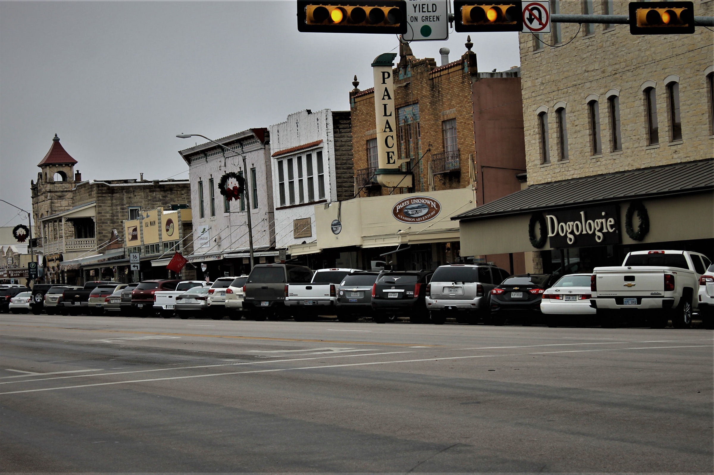 Historic limestone storefronts on Main Street in Fredericksburg